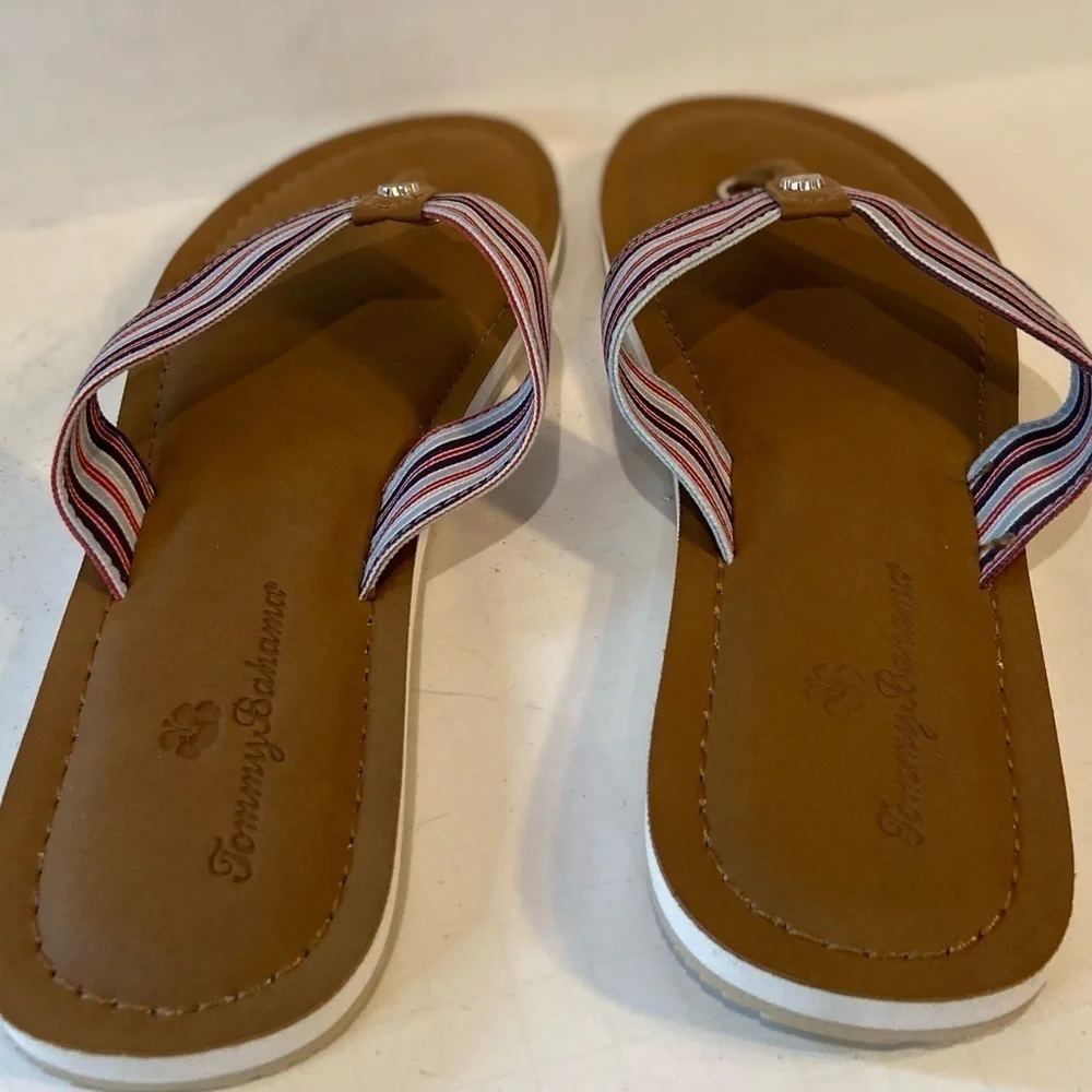 Tommy Bahama~New Canvas Blue/Red Stripe~Thong Flip Flop~Cushioned Footbed~Size 9
